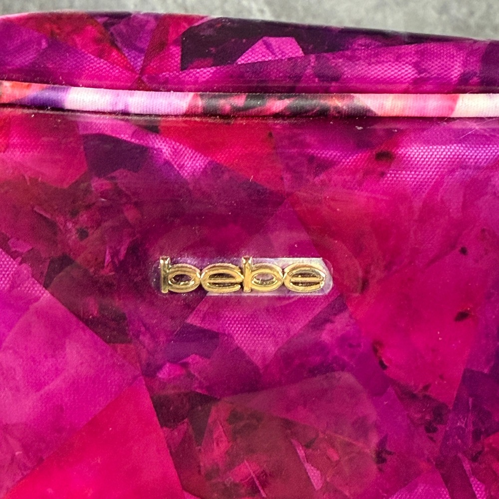 Bebe Pink Purple Geometric Crystal Print Makeup Bag Cosmetic Case Glossy Gold - Picture 2 of 6